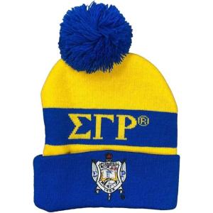 Greekgear Sigma Gamma Rho Knit Beanie with Pompon(Gold/Royal Blue W/Gold Letter Color)