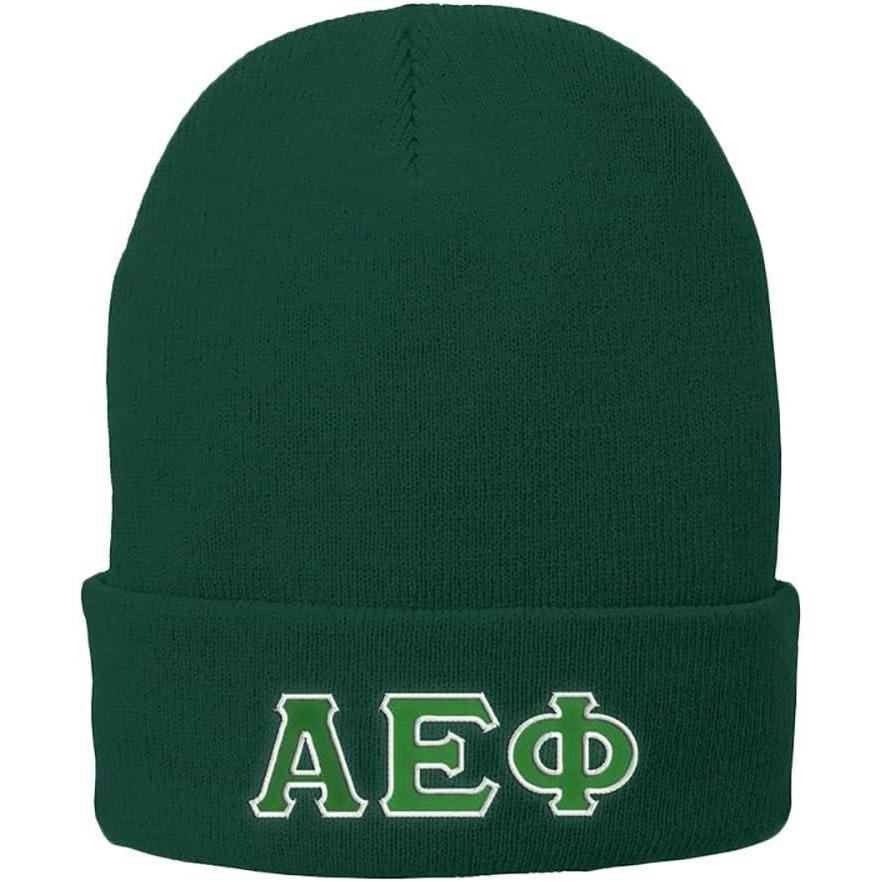 imageAlpha Epsilon Phi Big Greek Lettered Knit Cap Green wLime GreenWhite Thread Color