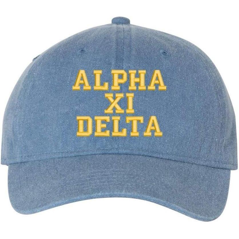 imageAlpha Xi Delta Pigment Dyed Baseball CapBlue Jean WLight Gold Thread Color