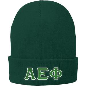 Alpha Epsilon Phi Big Greek Lettered Knit Cap Green w/Lime Green/White Thread Color