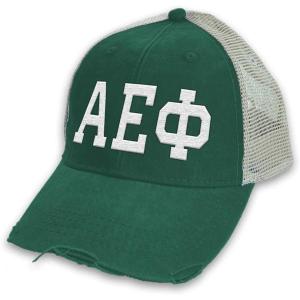 Greekgear Alpha Epsilon Phi Distressed Trucker Hat Forest/Tan