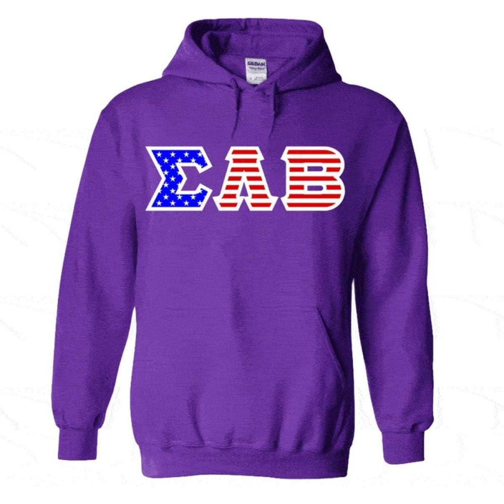 imageSigma Lambda Beta Greek Letter American Flag HoodiePurple