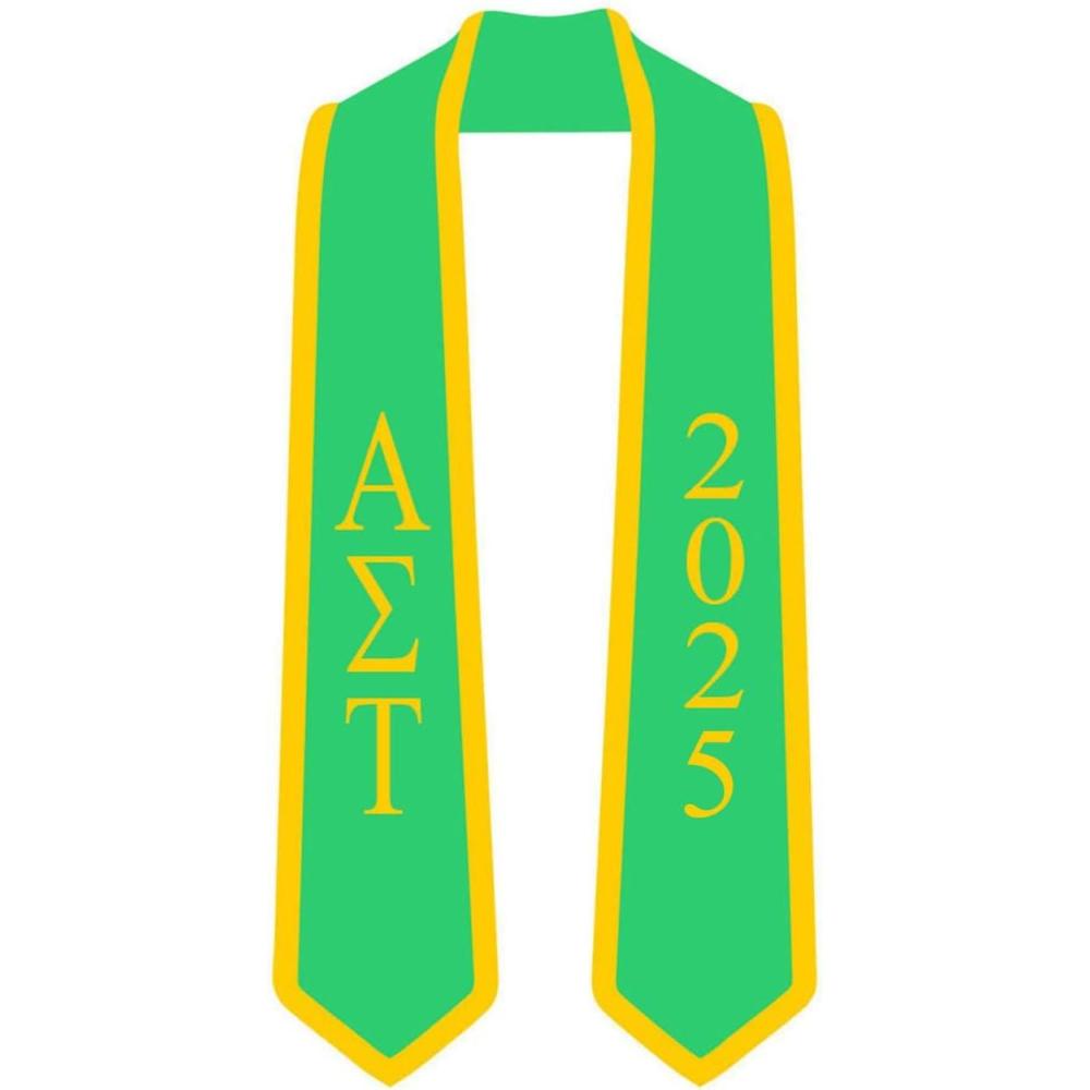 imageCustom Alpha Sigma Tau Greek 2 Tone Lettered Graduation Sash Stole wYearKelly Green WAthletic Gold Trim