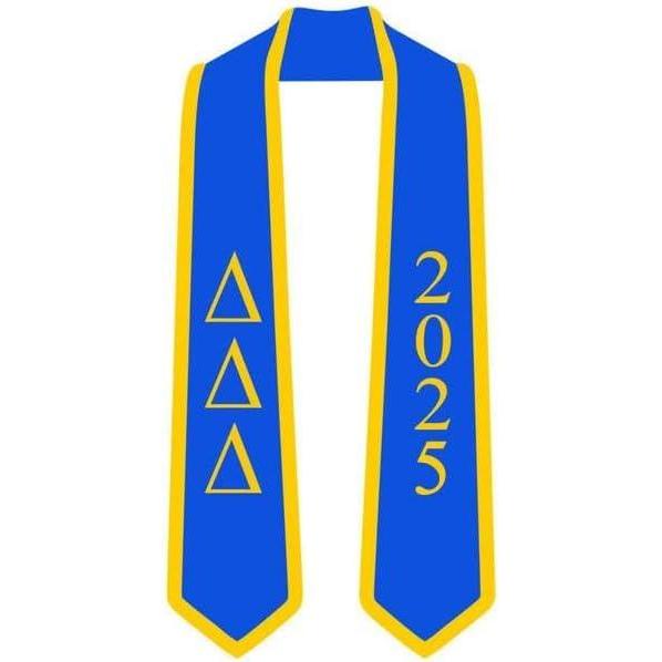 imageCustom Delta Delta Delta Greek 2 Tone Lettered Graduation Sash Stole wYearRoyal WAthletic Gold Trim