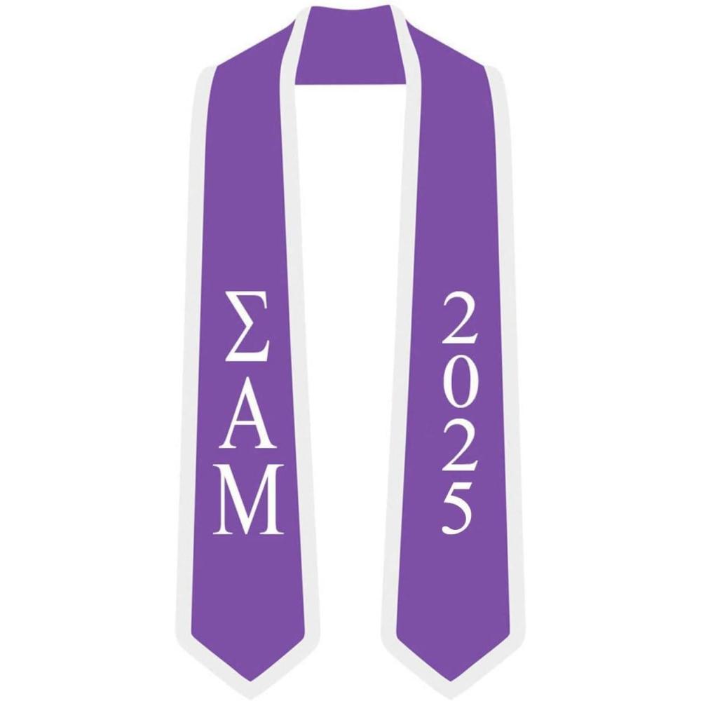 imageCustom Sigma Alpha Mu Greek 2 Tone Lettered Graduation Sash Stole wYearPurple WWhite Trim