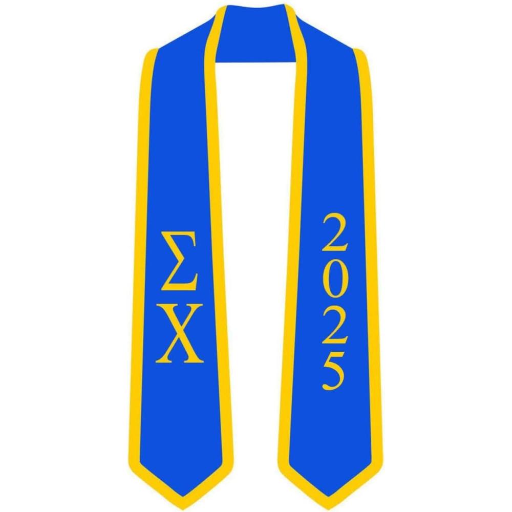 imageCustom Sigma Chi Greek 2 Tone Lettered Graduation Sash Stole wYearRoyal WAthletic Gold Trim