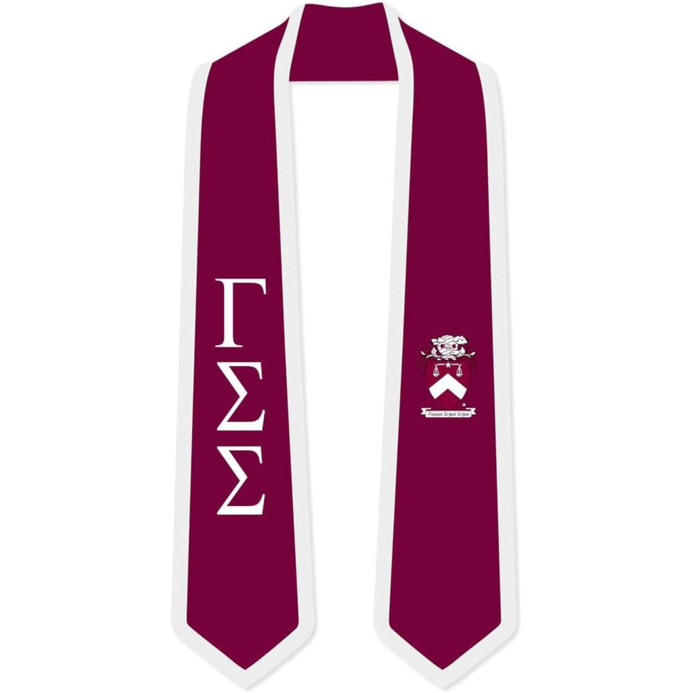 imageGamma Sigma Sigma Greek 2 Tone Lettered Graduation Sash StoleMaroon WWhite Trim