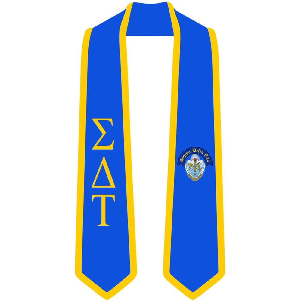 imageSigma Delta Tau Greek 2 Tone Lettered Graduation Sash StoleRoyal WAthletic Gold Trim