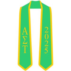 Custom Alpha Sigma Tau Greek 2 Tone Lettered Graduation Sash Stole w/Year(Kelly Green W/Athletic Gold Trim)