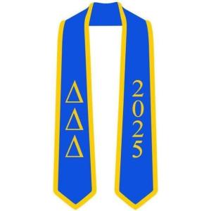 Custom Delta Delta Delta Greek 2 Tone Lettered Graduation Sash Stole w/Year(Royal W/Athletic Gold Trim)
