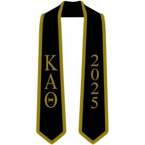 Custom Kappa Alpha Theta Greek 2 Tone Lettered Graduation Sash Stole w/Year(Black W/Vegas Gold Trim)