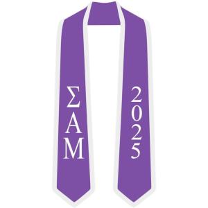 Custom Sigma Alpha Mu Greek 2 Tone Lettered Graduation Sash Stole w/Year(Purple W/White Trim)
