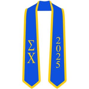 Custom Sigma Chi Greek 2 Tone Lettered Graduation Sash Stole w/Year(Royal W/Athletic Gold Trim)