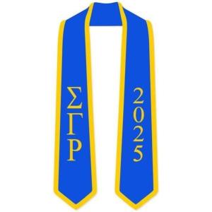 Custom Sigma Gamma Rho Greek 2 Tone Lettered Graduation Sash Stole w/Year(Royal W/Athletic Gold Trim)
