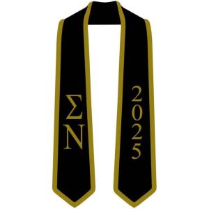 Custom Sigma Nu Greek 2 Tone Lettered Graduation Sash Stole w/Year(Black W/Vegas Gold Trim)