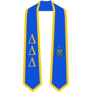 Delta Delta Delta Greek 2 Tone Lettered Graduation Sash Stole(Royal W/Athletic Gold Trim)