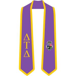 Delta Tau Delta DTD Greek 2 Tone Lettered Graduation Sash Stole(Purple W/Athletic Gold Trim)