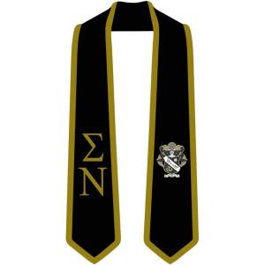 Sigma Nu Greek 2 Tone Lettered Graduation Sash Stole(Black W/Old Gold Trim)