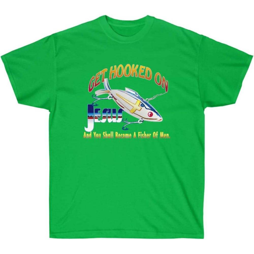 imageGet Hooked On Jesus and You Should Become A Fisher of Men Christian TShirtIrish Green
