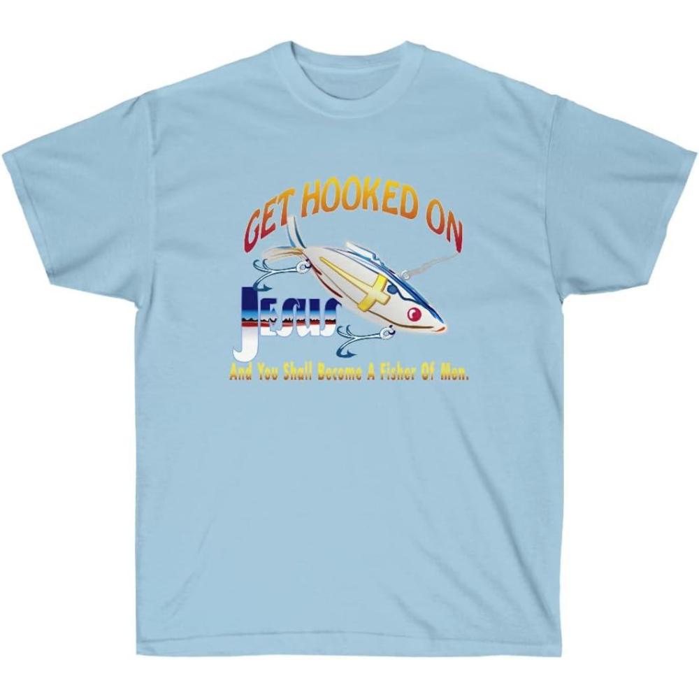 imageGet Hooked On Jesus and You Should Become A Fisher of Men Christian TShirtLight Blue
