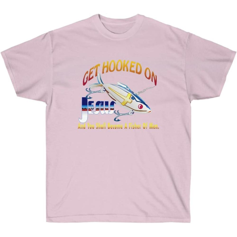 imageGet Hooked On Jesus and You Should Become A Fisher of Men Christian TShirtLight Pink