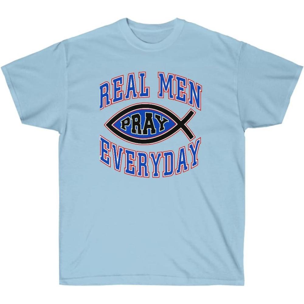 imageReal Men Pray Everyday Christian TShirtLight Blue