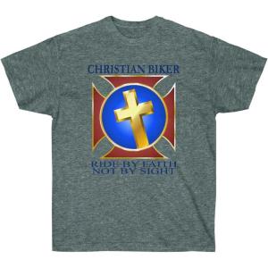 Christian Biker – Ride by Faith – Christian T-Shirt(Dark Heather)