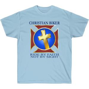 Christian Biker – Ride by Faith – Christian T-Shirt(Light Blue)