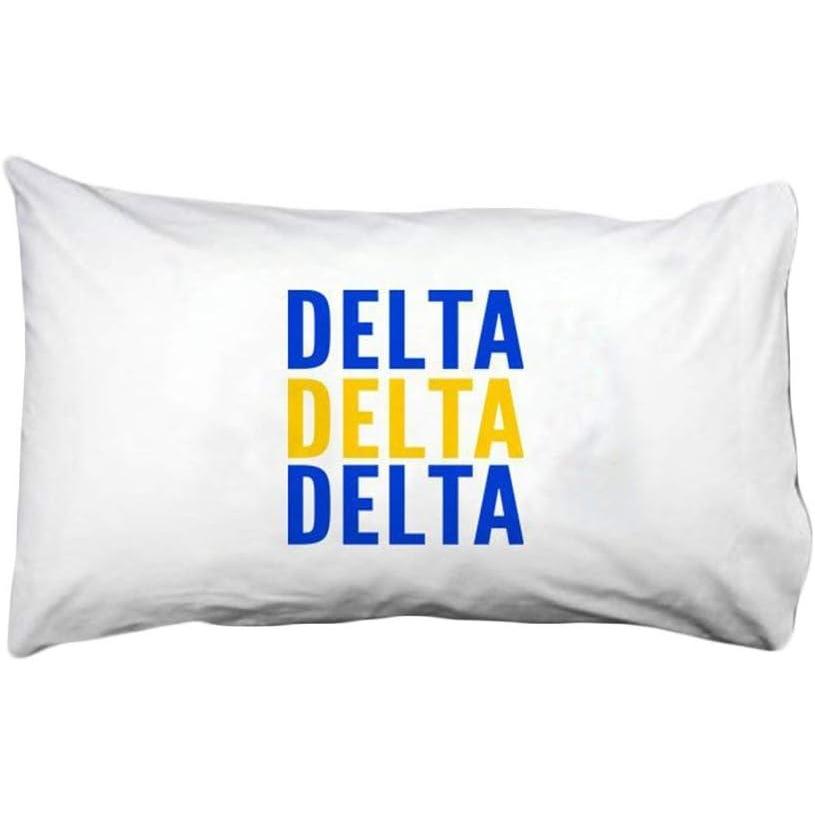 imageDelta Delta Delta Name Stack Pillow Cover White wRoyal BlueGold Imprint Color