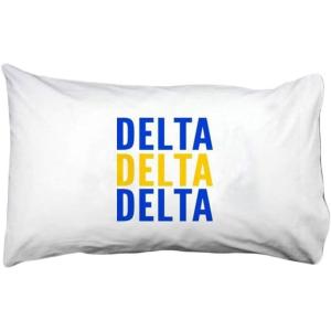 Delta Delta Delta Name Stack Pillow Cover White w/Royal Blue/Gold Imprint Color