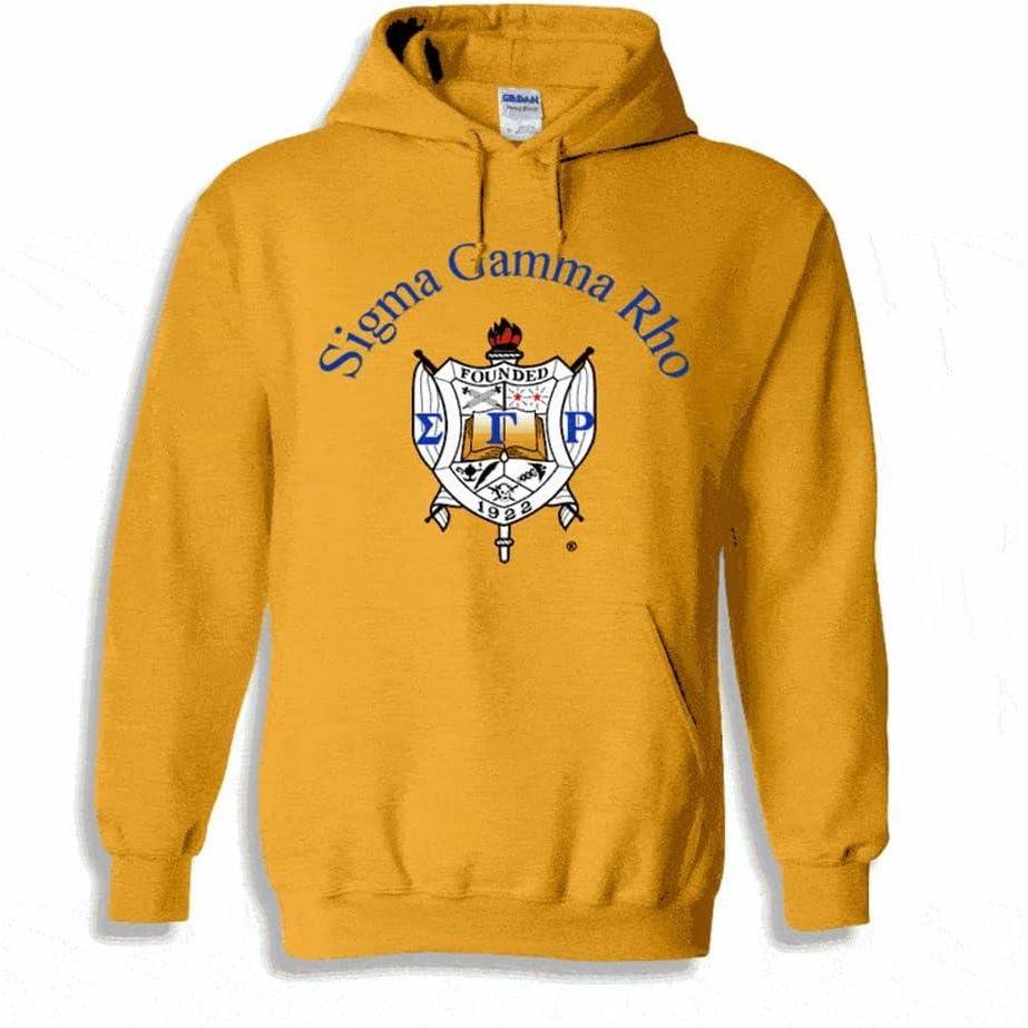 imageGreekgear Sigma Gamma Rho World Famous Crest Shield Printed Hooded SweatshirtGold
