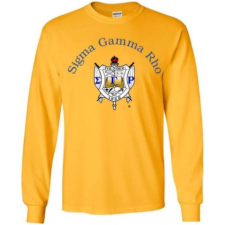 imageSigma Gamma Rho World Famous Color Crest Shield Long Sleeve TShirt1 Gold