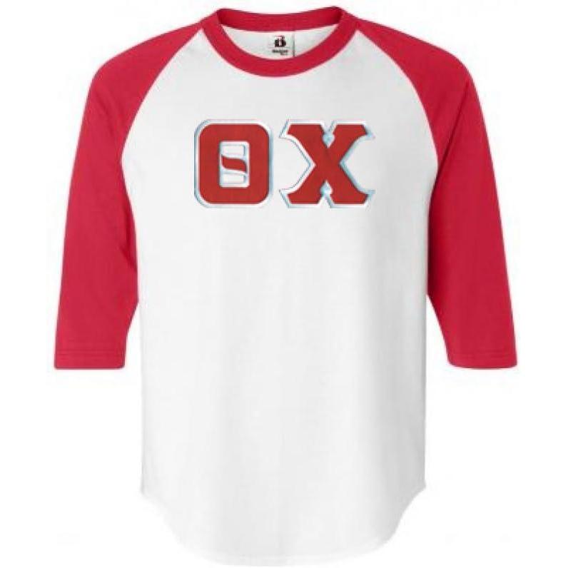 imageTheta Chi Lettered Raglan TShirtWhite WRed