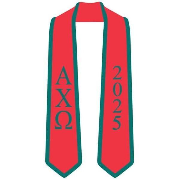 imageCustom Alpha Chi Omega Greek 2 Tone Lettered Graduation Sash Stole wYearRed WForest Green Trim