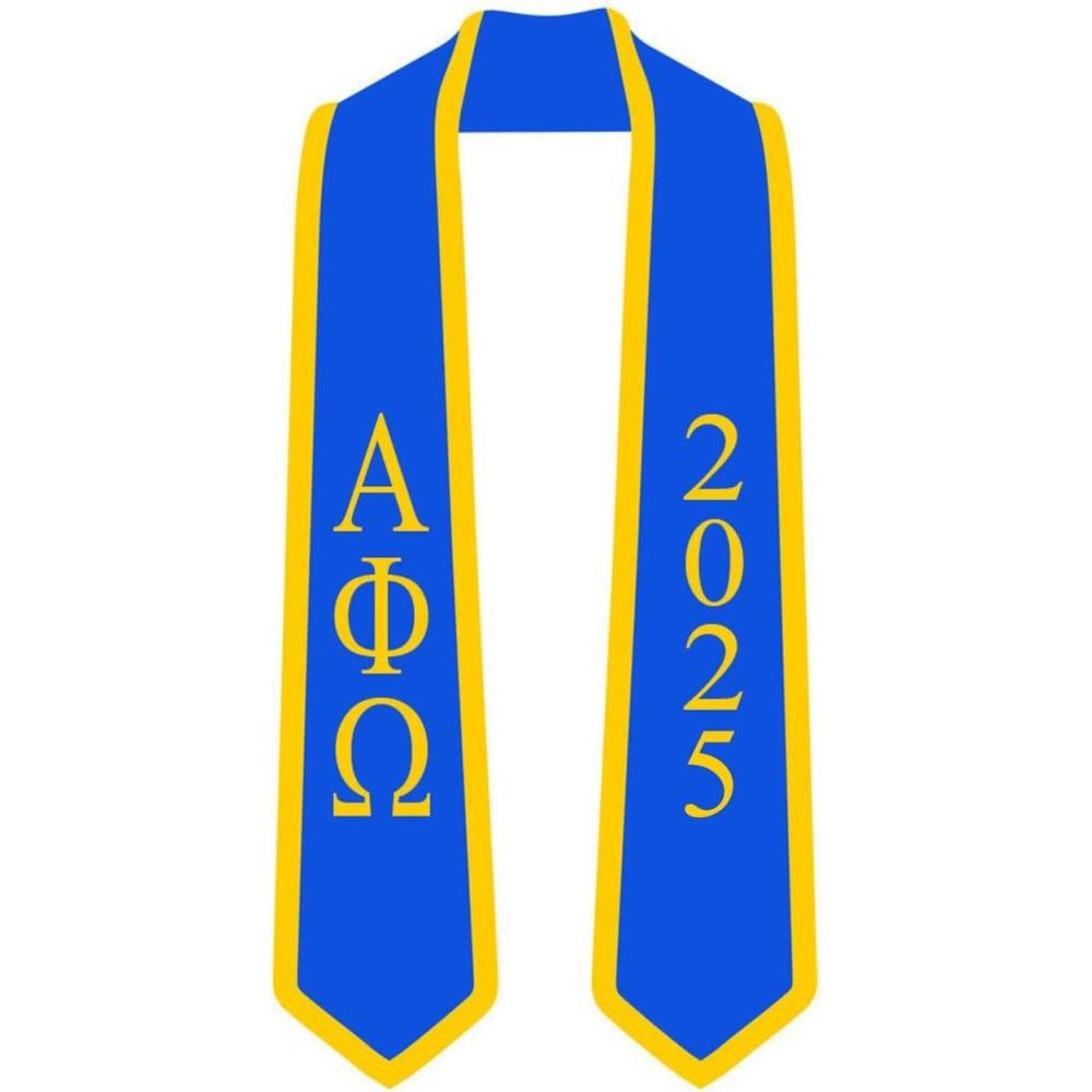 imageCustom Alpha Phi Omega Greek 2 Tone Lettered Graduation Sash Stole wYearRoyal WAthletic Gold Trim