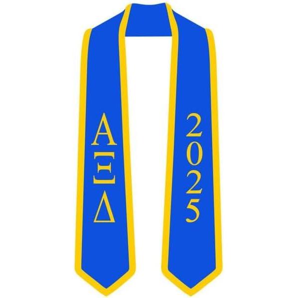 imageCustom Alpha Xi Delta Greek 2 Tone Lettered Graduation Sash Stole wYearRoyal WAthletic Gold Trim
