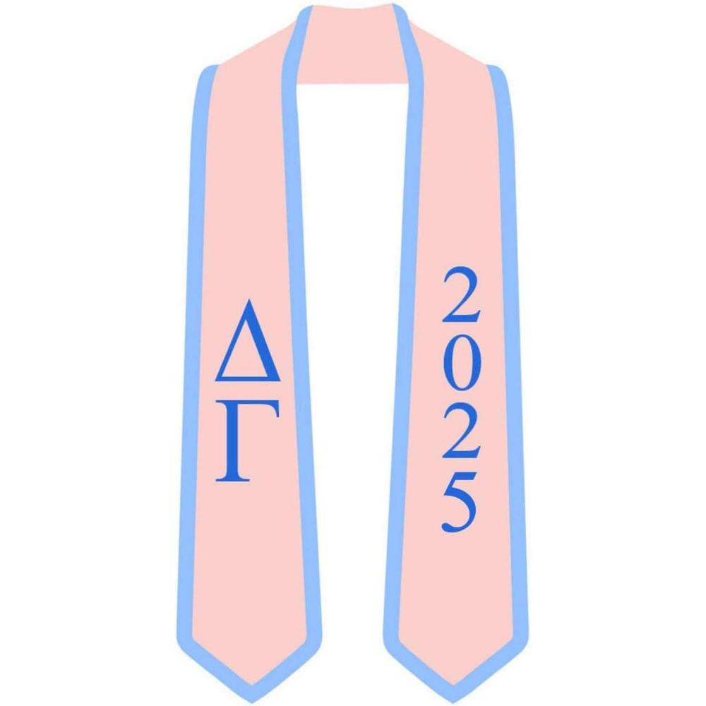 imageCustom Delta Gamma Greek 2 Tone Lettered Graduation Sash Stole wYearPink WLight Blue Trim