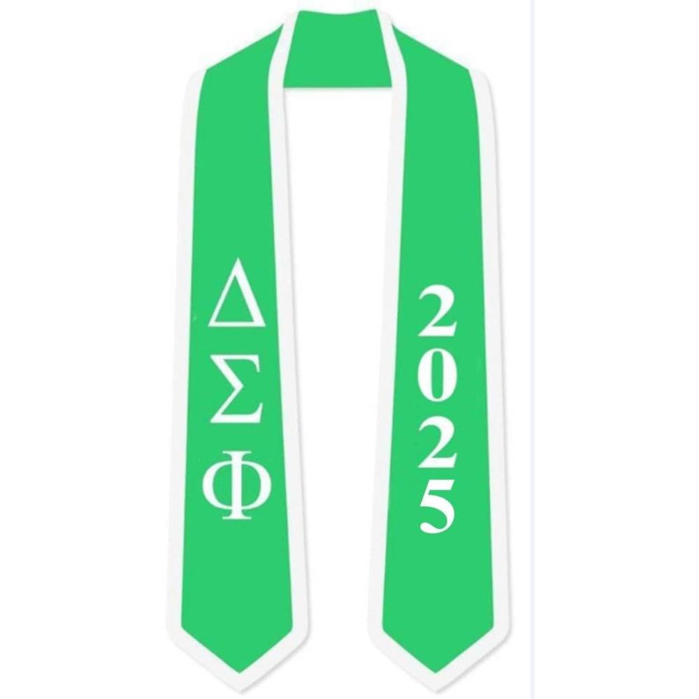 imageCustom Delta Sigma Phi Greek 2 Tone Lettered Graduation Sash Stole wYearKelly Green WAthletic Gold Trim