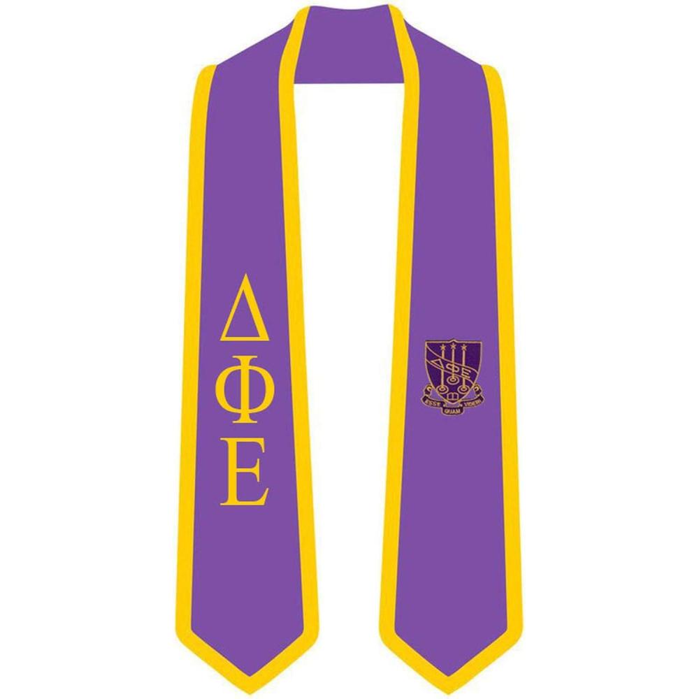 imageDelta Phi Epsilon DPHIE Greek 2 Tone Lettered Graduation Sash StolePurple WAthletic Gold Trim