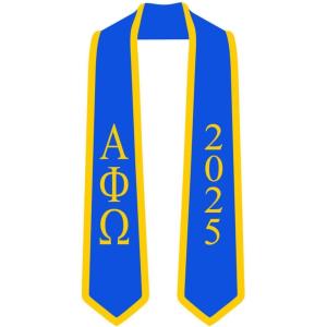 Custom Alpha Phi Omega Greek 2 Tone Lettered Graduation Sash Stole w/Year(Royal W/Athletic Gold Trim)