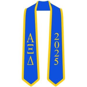 Custom Alpha Xi Delta Greek 2 Tone Lettered Graduation Sash Stole w/Year(Royal W/Athletic Gold Trim)