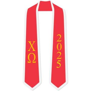 Custom Chi Omega Greek 2 Tone Lettered Graduation Sash Stole w/Year(Red W/White Trim)