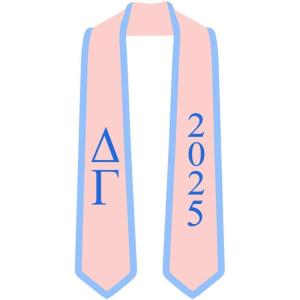 Custom Delta Gamma Greek 2 Tone Lettered Graduation Sash Stole w/Year(Pink W/Light Blue Trim)