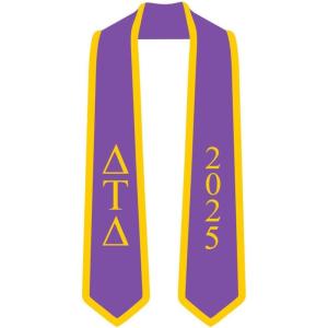 Custom Delta Tau Delta Greek 2 Tone Lettered Graduation Sash Stole w/Year(Purple W/Athletic Gold Trim)