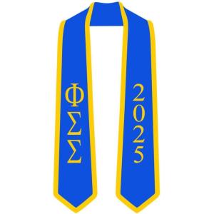 Custom Phi Sigma Sigma Greek 2 Tone Lettered Graduation Sash Stole w/Year(Royal W/Athletic Gold Trim)