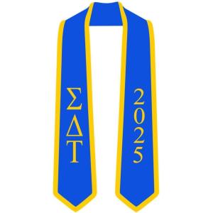 Custom Sigma Delta Tau Greek 2 Tone Lettered Graduation Sash Stole w/Year(Royal W/Athletic Gold Trim)