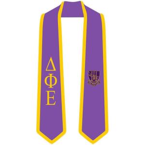 Delta Phi Epsilon DPHIE Greek 2 Tone Lettered Graduation Sash Stole(Purple W/Athletic Gold Trim)