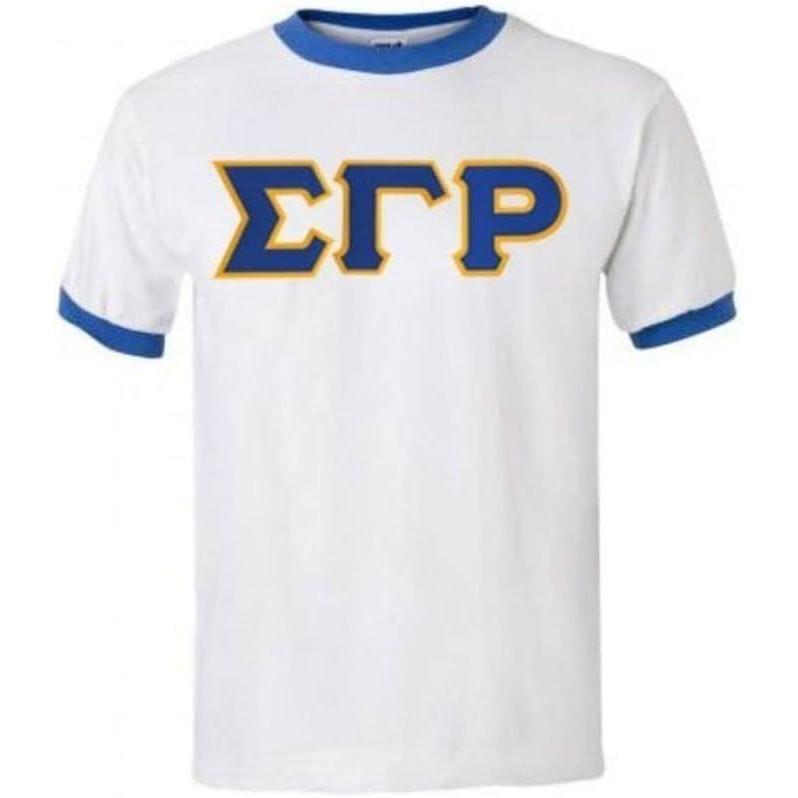 imageSigma Gamma Rho Ringer TShirt AppliqueWhiteRoyal Blue
