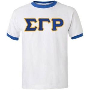Sigma Gamma Rho Ringer T-Shirt, Applique(White/Royal Blue)