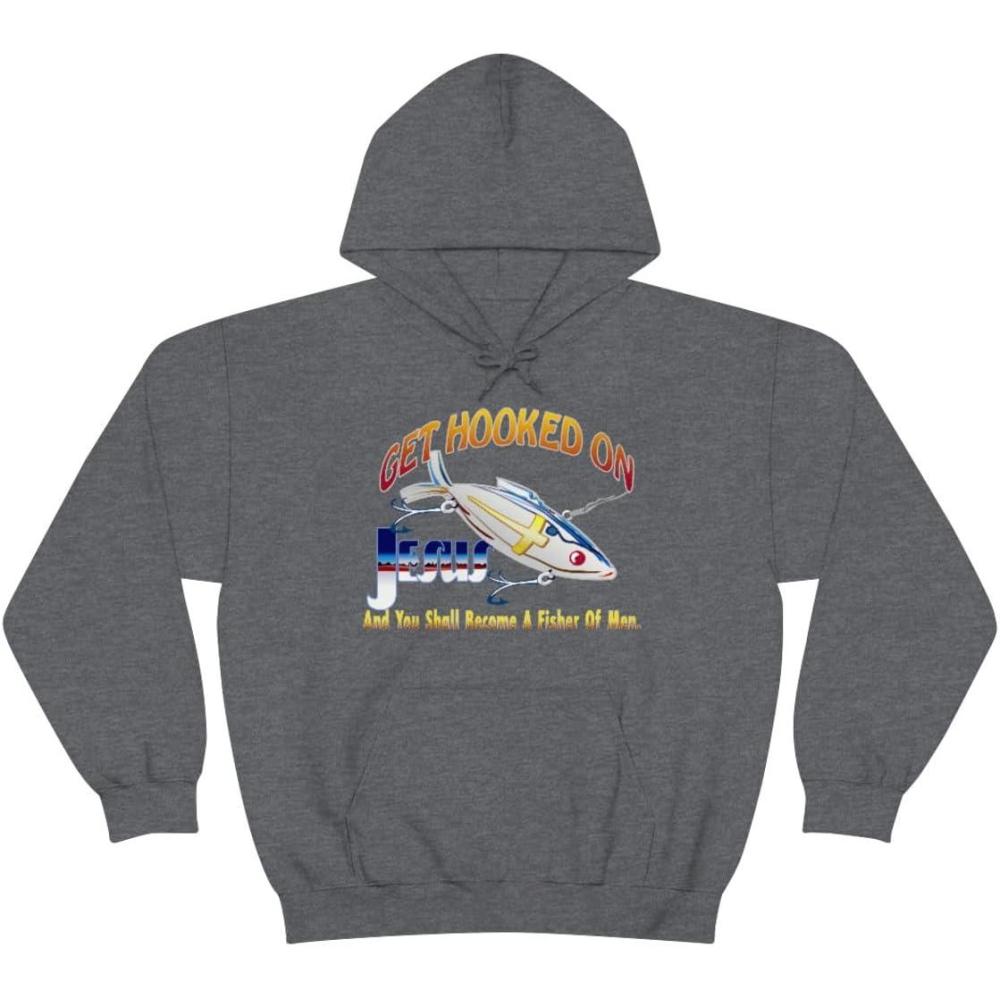 imageGet Hooked On Jesus Christian Hoodie SweatshirtDark Heather